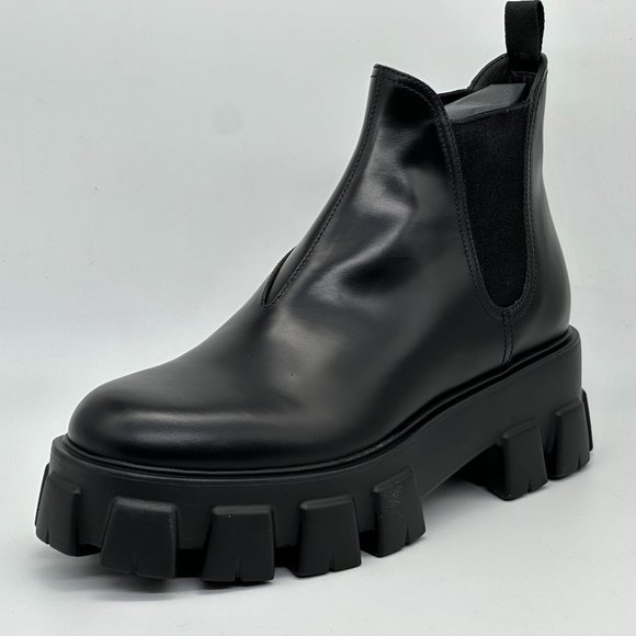 PRADA Monolith Brushed Leather Lug Sole Pull On Chelsea Ankle Boots Black - Picture 5 of 15